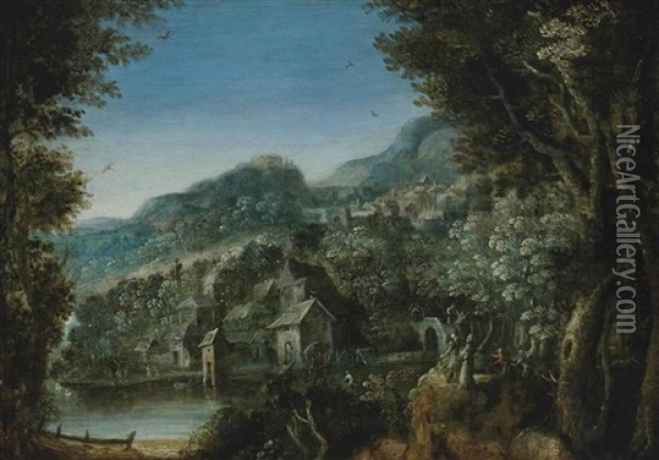 A Wooded River Landscape With Villagers Conversing Oil Painting - Paul Bril