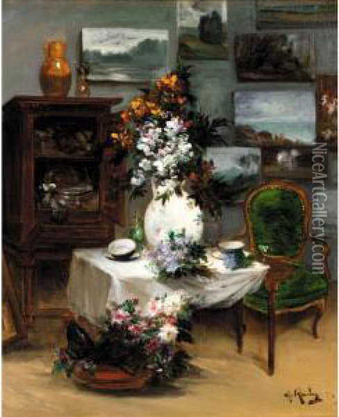 Interior With Flowers Oil Painting - Alfred Rouby