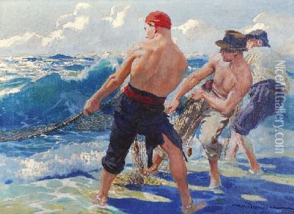 Rybacy Ciagnacy Siec Oil Painting - Feliks M. Wygrzywalski