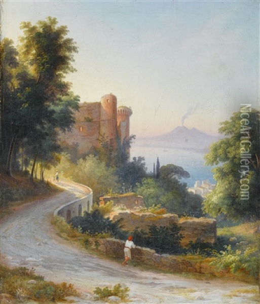Die Burg Von Castellammare Di Stabia Mit Rauchendem Vesuv Oil Painting - Johann-Rudolph Buhlmann