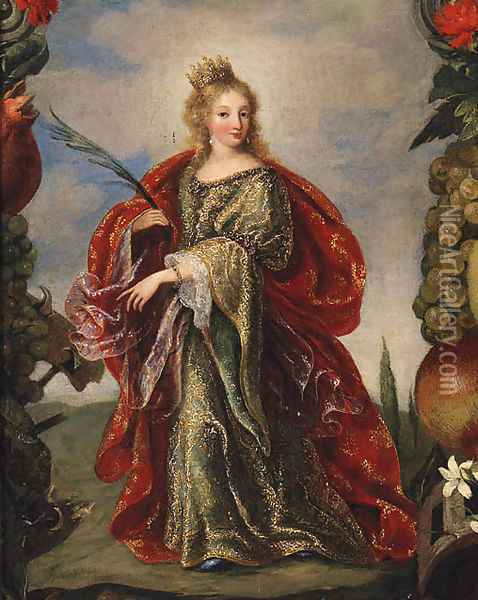 Saint Catherine within a painted Cartouche of Fruit Oil Painting - Claude Vignon