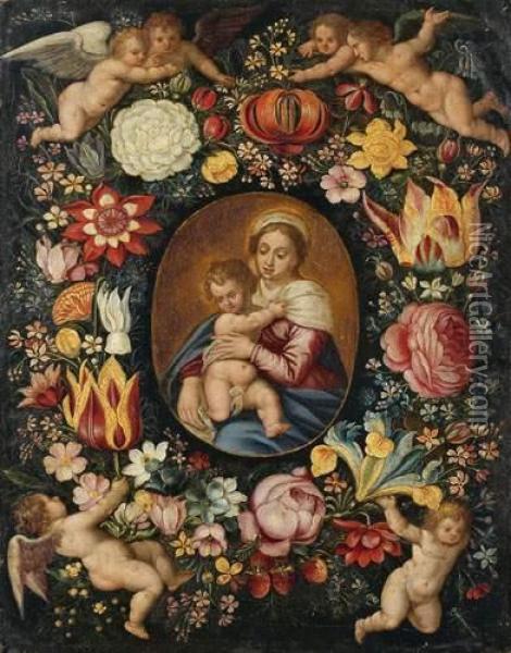 Vierge A L'enfant Dans Une Couronne De Fleurs Soutenues Par Des Putti Oil Painting - Andries Daniels