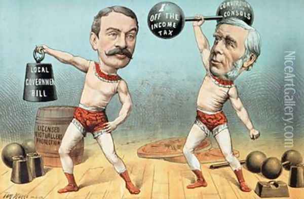 Goschen and Ritchie the Champion Weight Lifters Now Appearing with Terrific Success at the Westminster Beer Garden from St Stephens Review Presentation Cartoon 14 April 1888 Oil Painting - Tom Merry