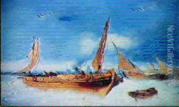 Barques De Peche A L'entree Du Port Oil Painting - Eugene Deshayes