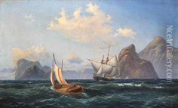 Seascape With A Boat And A Ship Out Shore A Rocky Coast, Presumably In Southern Europe Oil Painting - Carl Julius Emil Olsen