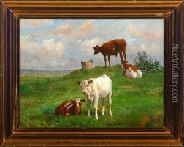 A Summer Meadow With Cows. Signed Oil Painting - Vilhelm Eyvind Tilly