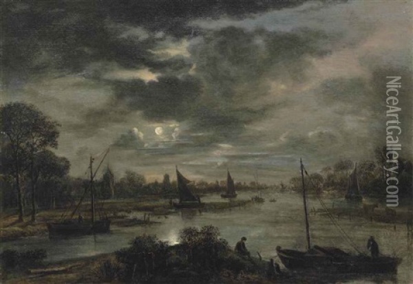 A Moonlit Landscape With Boats And Figures On A Canal, A Village With A Church Beyond Oil Painting - Aert van der Neer