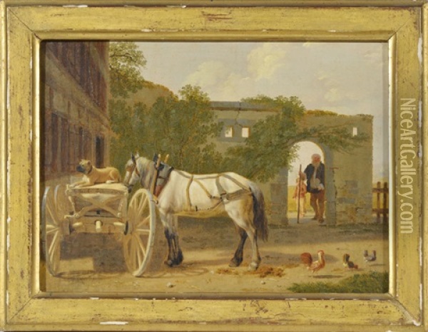 Cour De Ferme Avec Attelage, Animaux Et Paysans Oil Painting - Johann Jakob Biedermann
