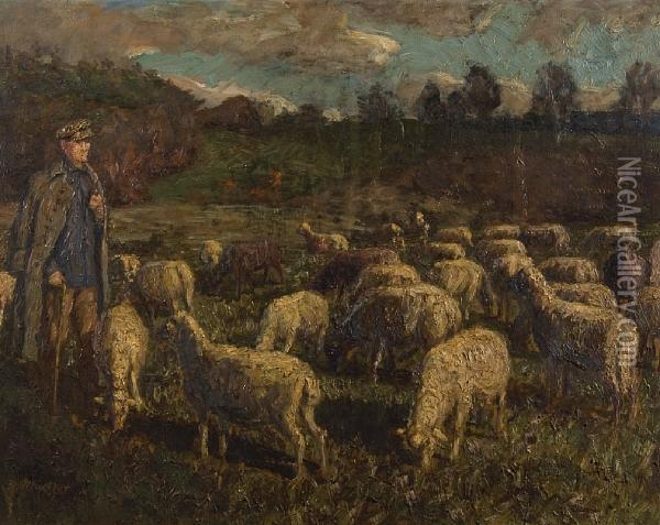 Shepherd And Flock In An Extensive Landscape Oil Painting - Frederick Ferdinand Schafer