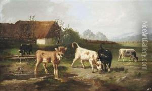 Young Cattle Ona Sumery Pasture. Oil Painting - Simon Van Den Berg