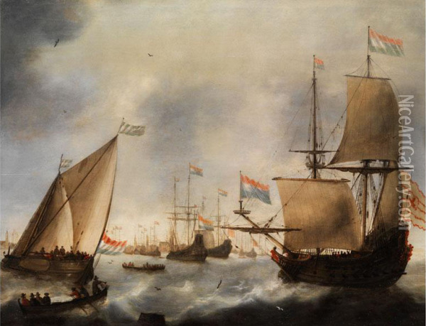 Segelschiffe Im Hafen Vonamsterdam Oil Painting - Jacob Adriaensz. Bellevois