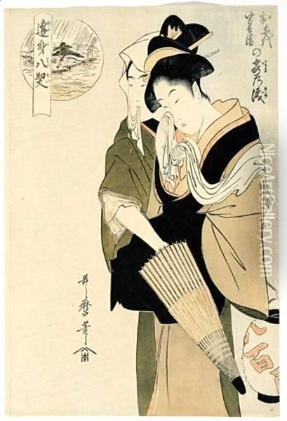 Ochiyo Hambei No Yoru No Ame-Namida. Ochiyo Et Hambei. Les Larmes Qui Perlent Ou La Pluie Le Soir Oil Painting - Kitagawa Utamaro