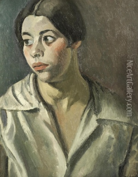 Portrait Of A Young Woman In A White Blouse Oil Painting - Bernard Meninsky
