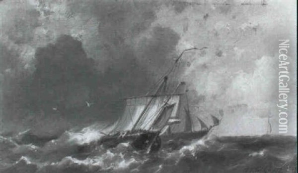 A Dutch Hooker In A Stiff Breeze, A Steamer Beyond Oil Painting - Hermanus Koekkoek the Elder