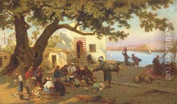 In the shade on the banks of the river Nile Oil Painting - Otto Johann Heinrich Heyden