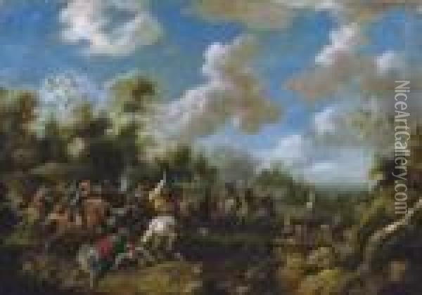 A Cavalry Skirmish In A Wooded Landscape Oil Painting - Pieter Meulenaer