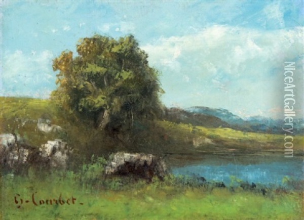 Rochers Et Arbres Pres D'un Lac (sketch) Oil Painting - Gustave Courbet