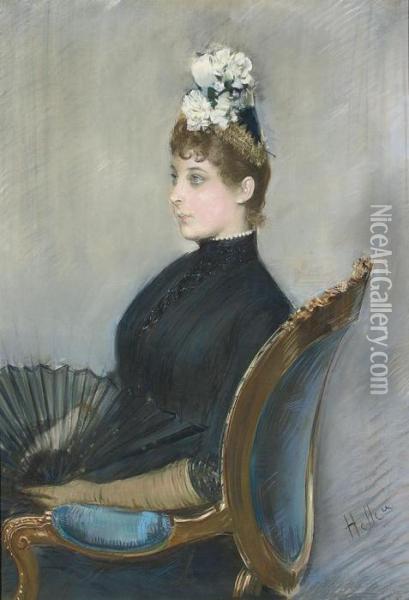 Portrait Of Mathilde See, Half-length, Holding A Fan Oil Painting - Paul Cesar Helleu