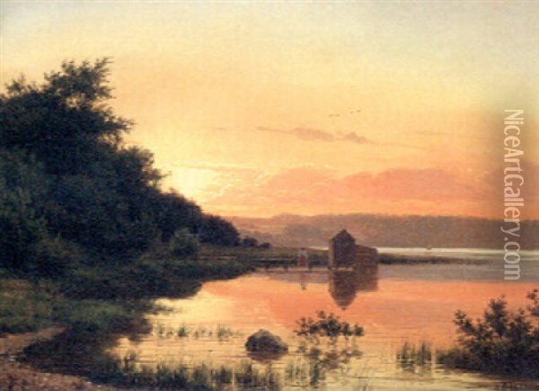 Sunset Over A Lake Oil Painting - Carsten Henrichsen