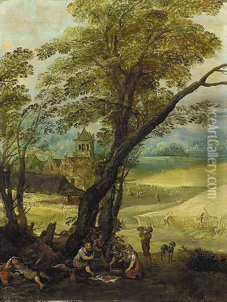 Summer An extensive landscape with harvesters resting beneath a tree Oil Painting - Josse de Momper