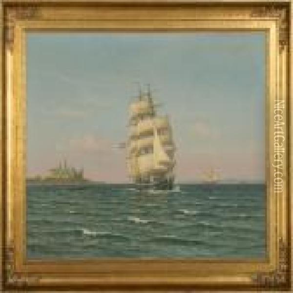 Seascape With Sailingships, In Th Ebackground Kronborg Oil Painting - Vilhelm Karl Ferd. Arnesen