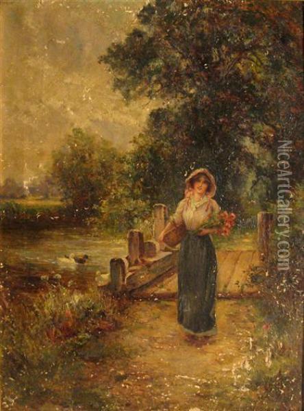 Woman Crossing Bridge Oil Painting - Ernst Walbourn