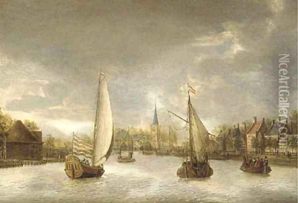 A town on the Vecht with a yacht, a ferry and other boats Oil Painting - Jacobus Storck