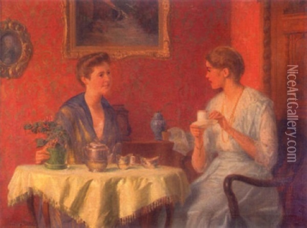 Tea Time Oil Painting - Franz Xaver Schmid-Breitenbach