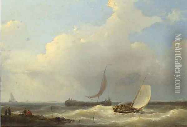 Sailingvessels in a stiff breeze of the coast Oil Painting - Abraham Hulk Jun.