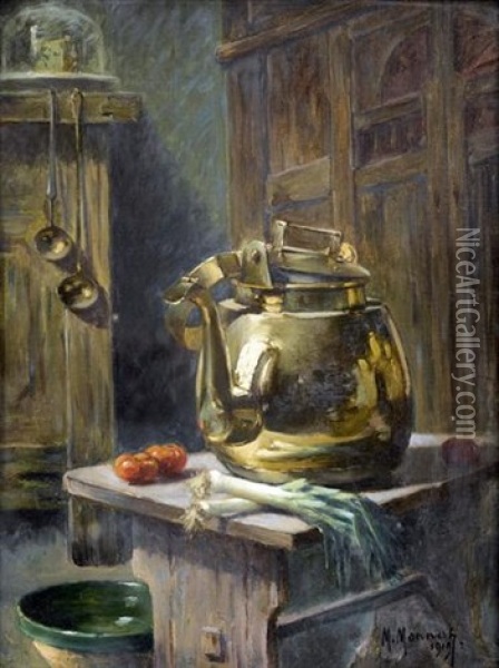 Bauerliches Kucheninterieur Mit Kanne Und Gemuse Oil Painting - Maurice Louis Monnot