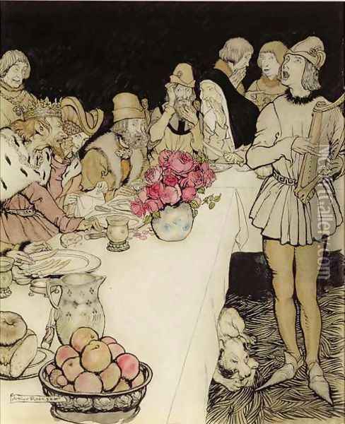 How at a great feast that King Mark made came Eliot the harper and sang the lay that Dinadan had made Oil Painting - Arthur Rackham