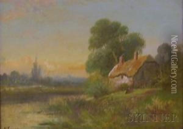 View With A Cottage By A Lake. Oil Painting - Robert Robin Fenson