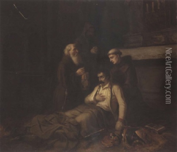 A Wounded Soldier Receiving The Last Rites Oil Painting - Karl Josef Litschauer