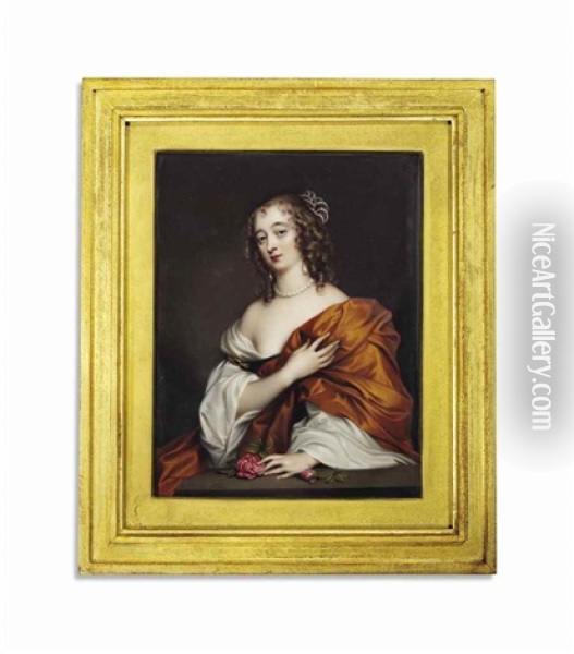 Anne Villiers, Countess Of Morton (c. 1610-1654), In White Dress And Gold Silk Shawl Draped Over Her Left Shoulder, Wearing Pearls, Her Left Hand Resting On A Plinth Set With Two Pink Roses Oil Painting - Henry-Pierce Bone