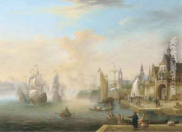 Men o'wars firing at a fortified town, with figures on a quay near a gate Oil Painting - Jacobus Storck