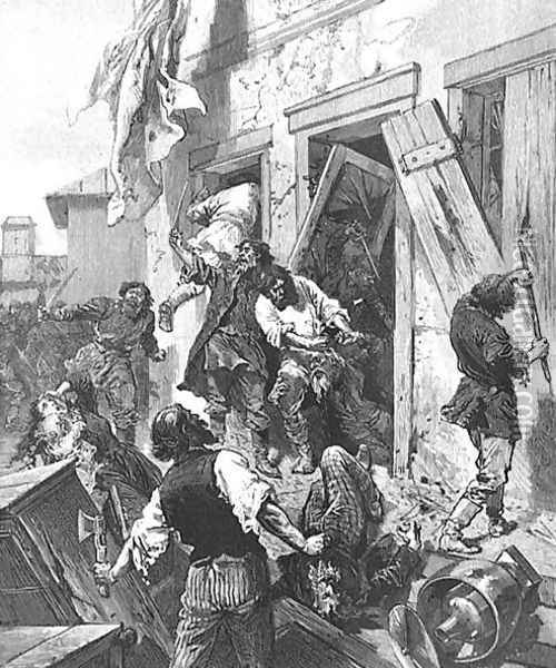 Attack on a Jewish house in Konnovino, near Nijni-Novgorod, 7th June 1884, in LIllustration, 2nd August 1884, from a sketch by Karazine, correspondent of LIllustration Oil Painting - Anonymous Artist