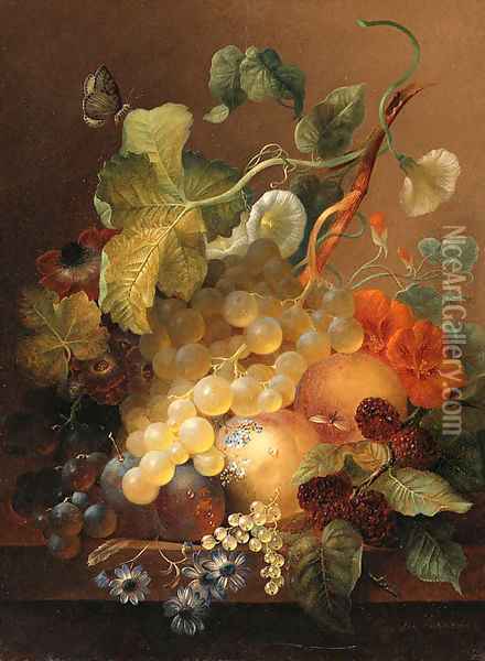 A Still life with grapes, plums, peaches and boysenberries Oil Painting - Jan Van Der Waarden