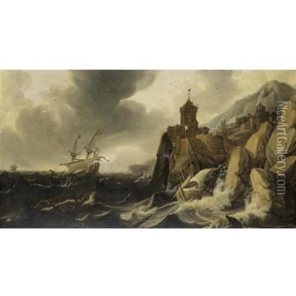 A Stormy Coastal Seascape With Ships On The Rocks Before A Town Oil Painting - Hendrik Jacobsz Dubbels