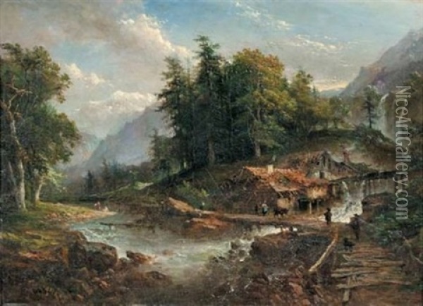 Riviere Et Cascade Descendant A Travers La Montagne Oil Painting - Louis Etienne Watelet