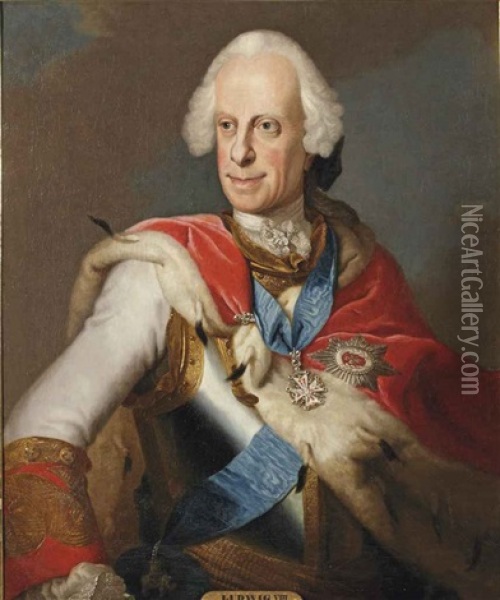 Portrait Of Ludwig Viii, Landgrave Of Hesse-darmstadt (1691-1768), In A Curas With A White And Red Coat With Gold Trimmings And A Ermine Robe Oil Painting - Johann Christian Fiedler
