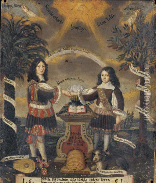 Allegorical Portrait Of The Brothers Phillip Albert And Wilhelm Heinrich Von Limpurg Oil Painting - Joachim Georg Kreutzfelder
