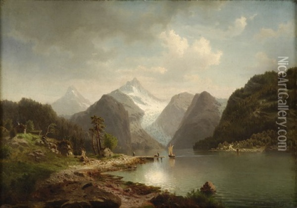 Alpine Seenlandschaft Mit Blick Auf Einen Gletscher Oil Painting - Morten Mueller