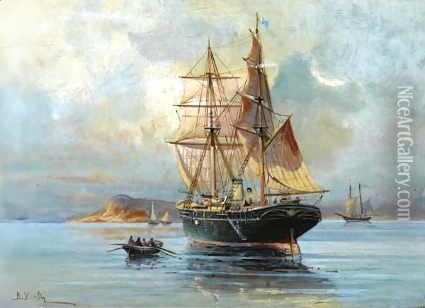 Boats At Sea Oil Painting - Vasilios Chatzis