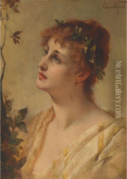 A Red Haired Beauty In A Garden Oil Painting - Conrad Kiesel