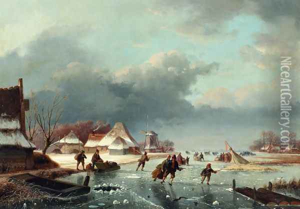 Figures Skating on a Frozen River Oil Painting - Andreas Schelfhout