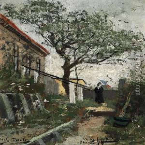 Woman With A Parasol On A Path In The Garden Behind Merchant Holst's Homestead, Skagen Oil Painting - Fritz Thaulow