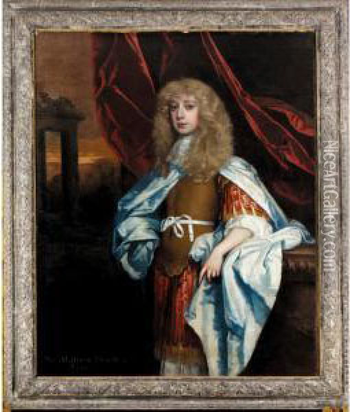 Portrait Of Sir Matthew Dudley 
Of Clapton, Bt. (d.1721), Three-quarter Length, Wearing Classical Dress 
With A Blue Cloak Oil Painting - John Greenhill