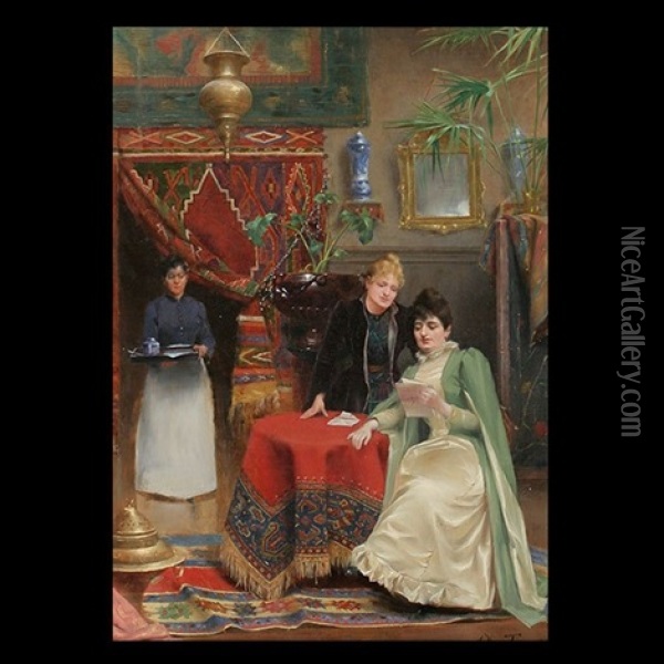 Two Women Reading A Letter In An Orientalist Interior Oil Painting - Adrien Henri Vital van Emelen
