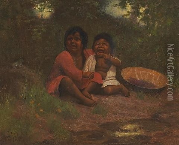 Two Little Indian Girls With A Basket Of Berries Oil Painting - Alice Coutts