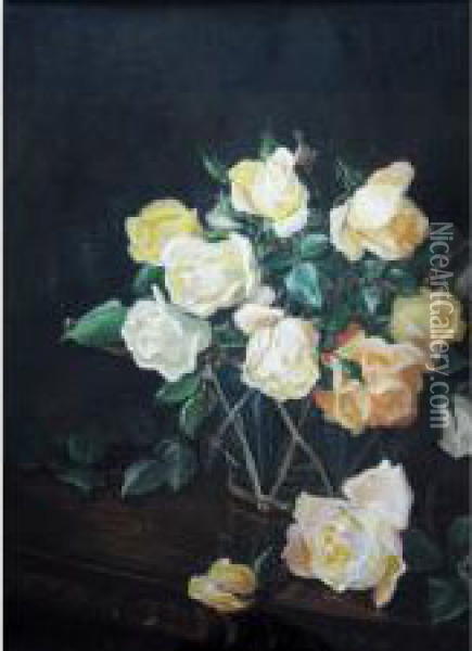 A Bowl Of Yellow Roses On A Shelf Oil Painting - Winifred Walker